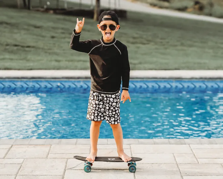 Boys UPF 50  Recycled Polyester Soft Stretch Below the Knee Printed Swim Board Shorts  | Blue Hawaii