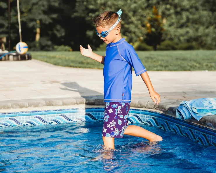 Boys UPF 50  Recycled Polyester Soft Stretch Below the Knee Printed Swim Board Shorts  | Blue Hawaii