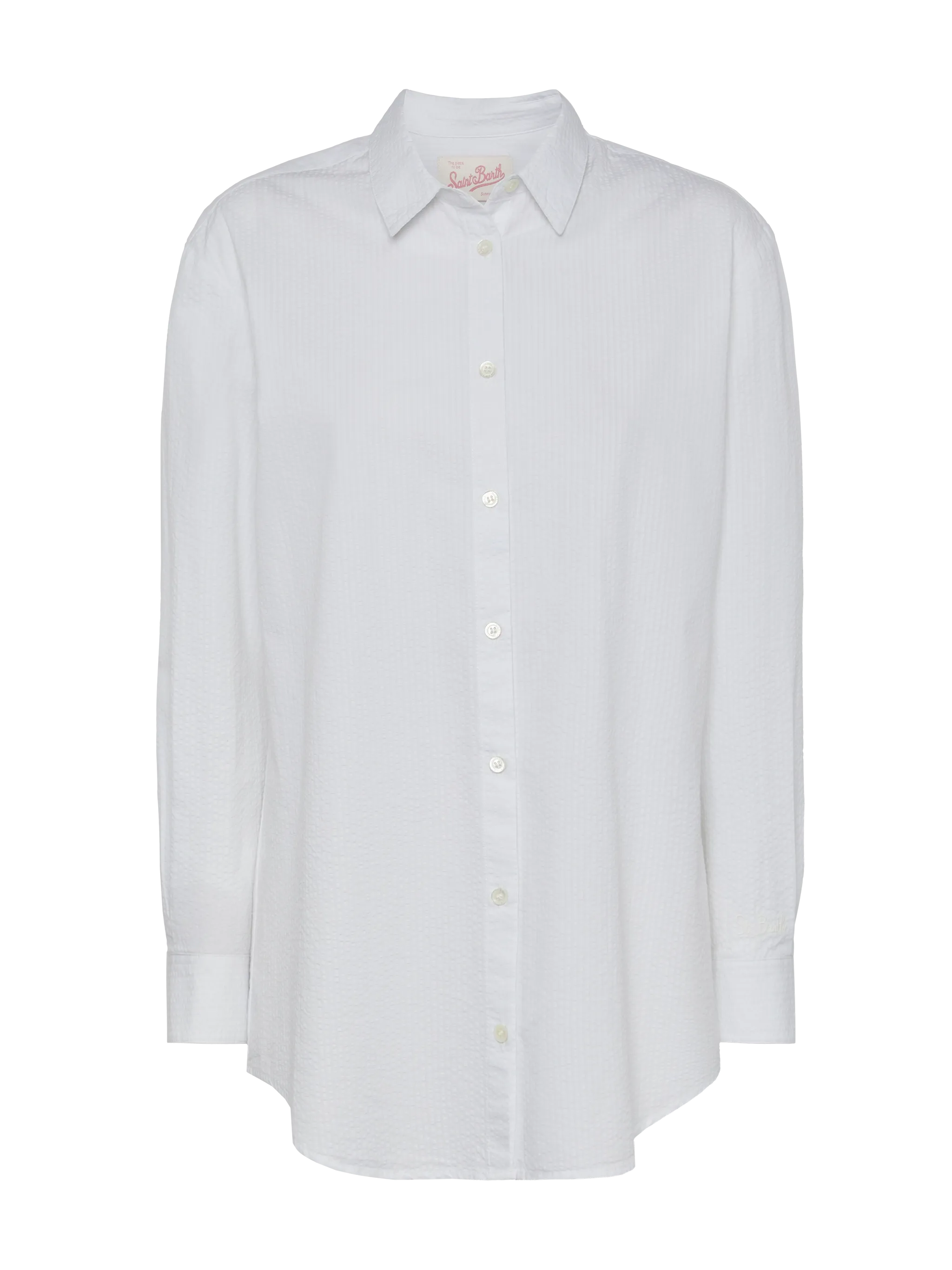 Brigitte white seersucker shirt with Saint Barth embroidery
