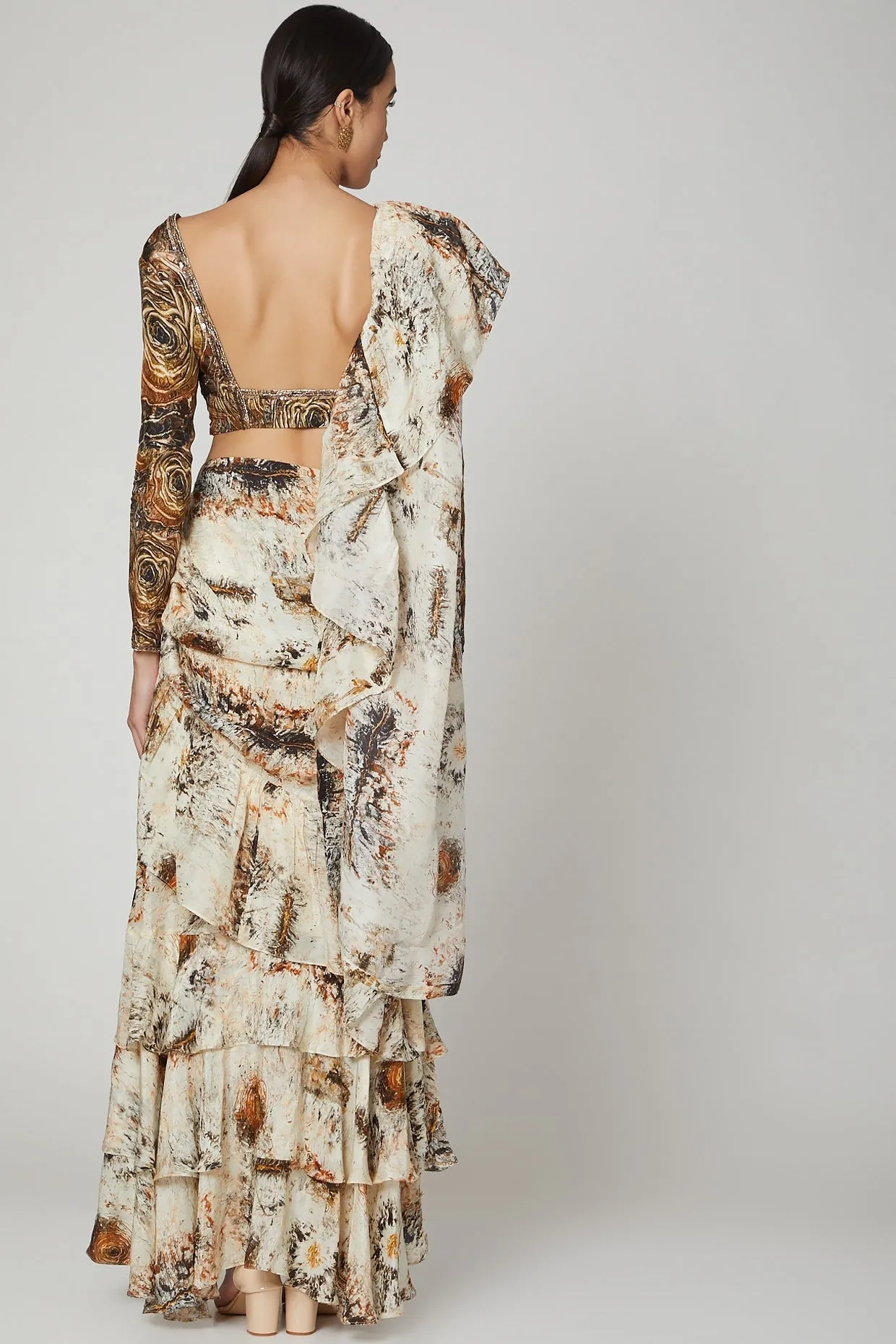 Brown & Beige Ruffled Saree Set