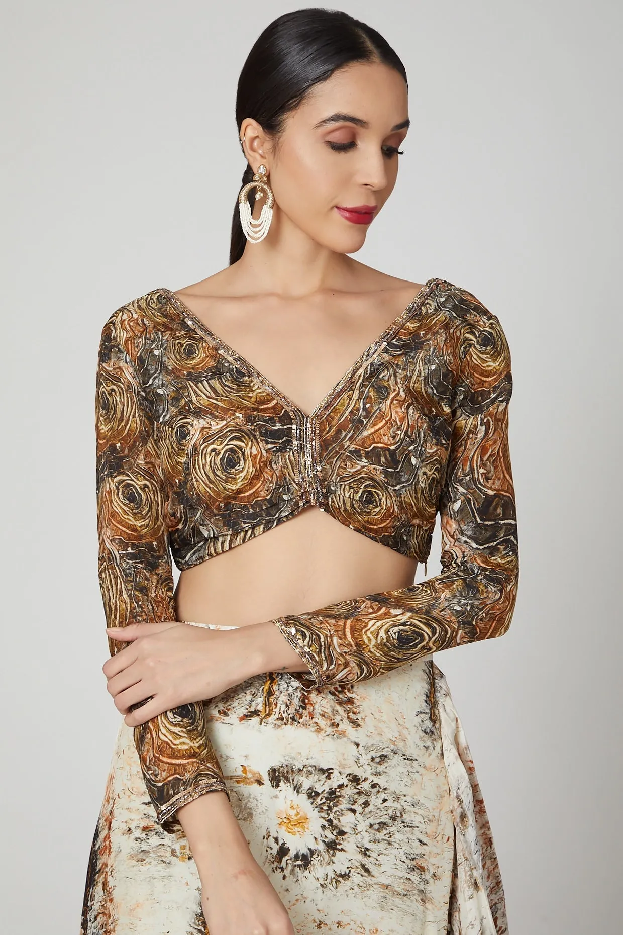 Brown & Beige Ruffled Saree Set