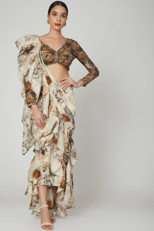Brown & Beige Ruffled Saree Set