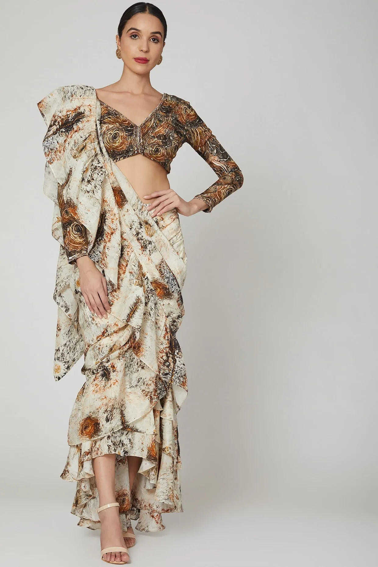 Brown & Beige Ruffled Saree Set