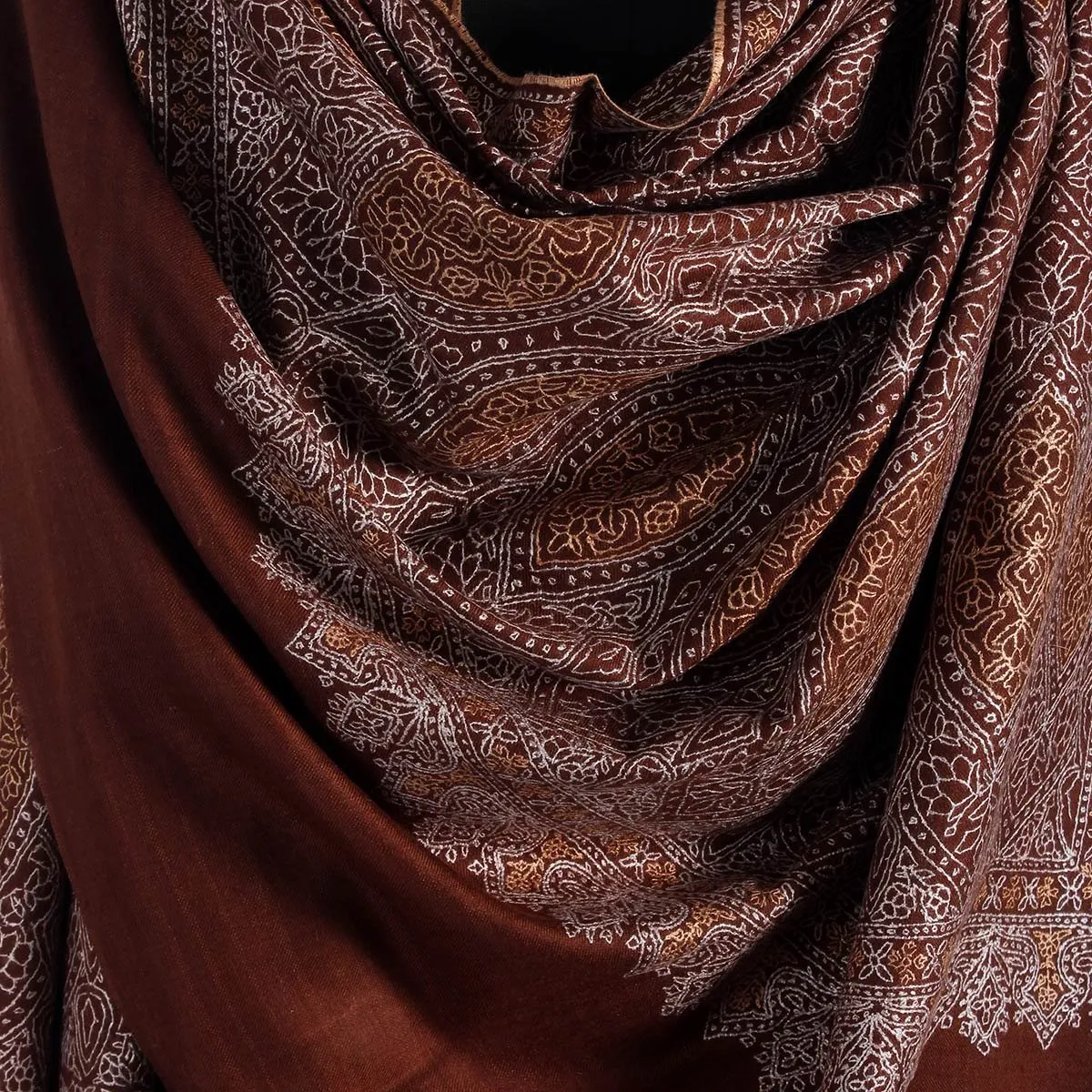 Brown base Sangeen design sozni Embroidered Jamawar Pashmina Shawl