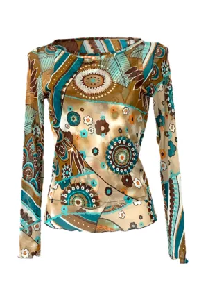 BROWN FLOWER MESH SLEEVED TOP