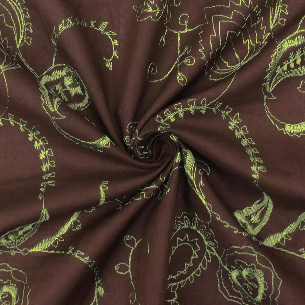Brown-Green Floral Embroidered Cotton Lawn Woven Fabric