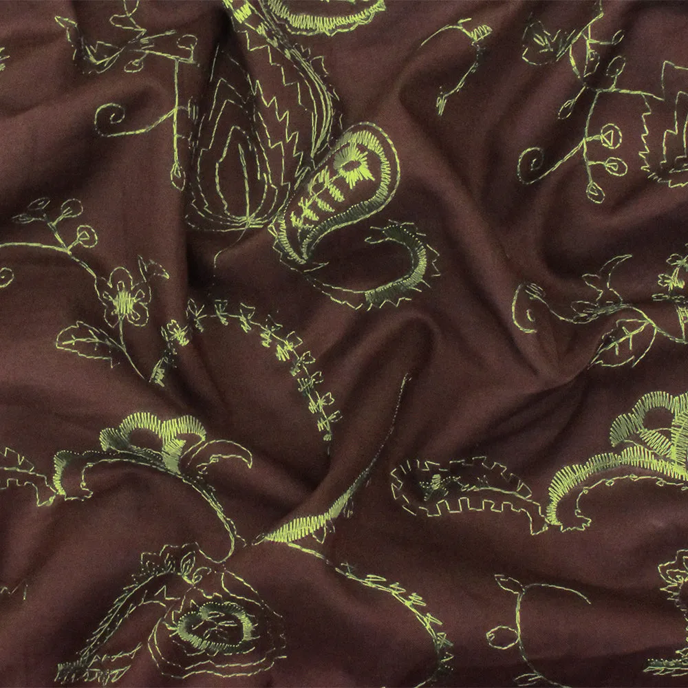 Brown-Green Floral Embroidered Cotton Lawn Woven Fabric