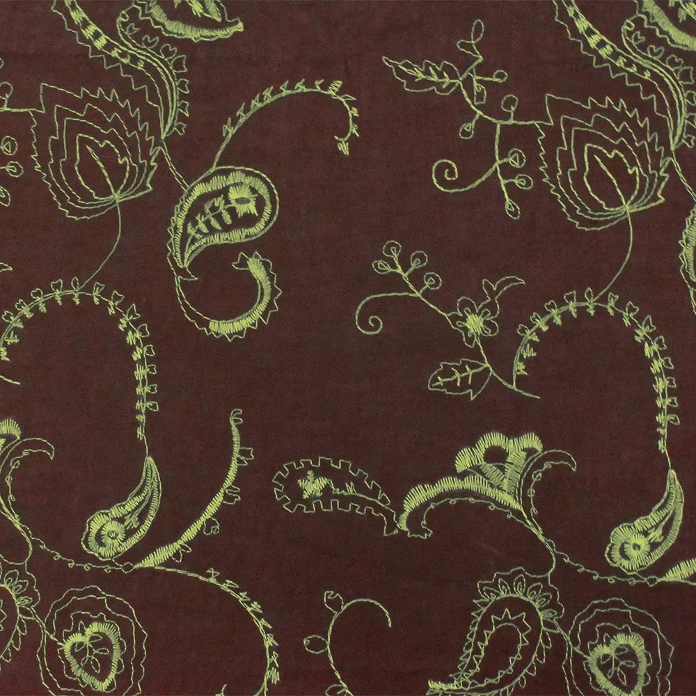 Brown-Green Floral Embroidered Cotton Lawn Woven Fabric