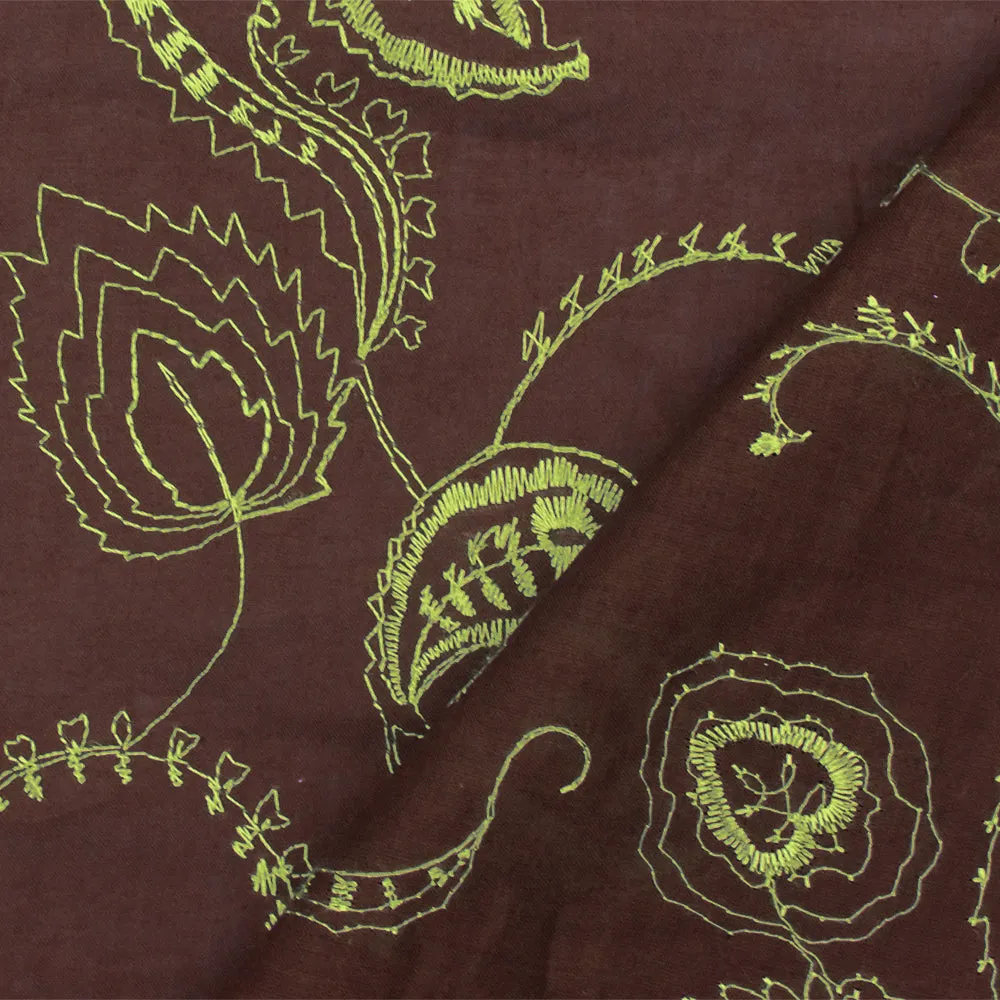 Brown-Green Floral Embroidered Cotton Lawn Woven Fabric
