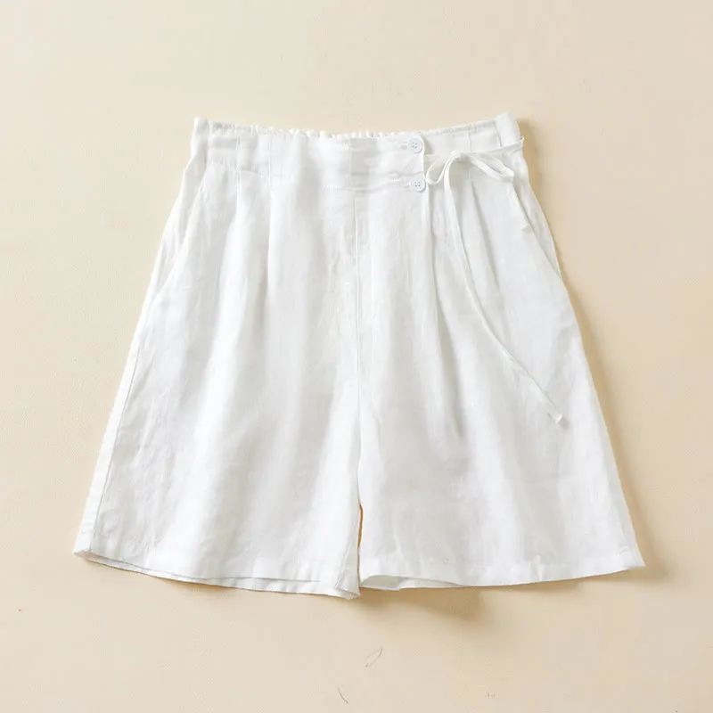 Buddha Stones Solid Color Two Buttons Lace-up Cotton Linen Women's Shorts With Pockets