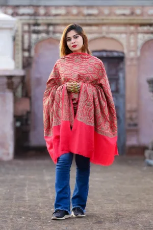 Burning Red Colour Embroidered Sozni Shawl Enriched With Beautiful Jaal Pattern Having Paisley And Border