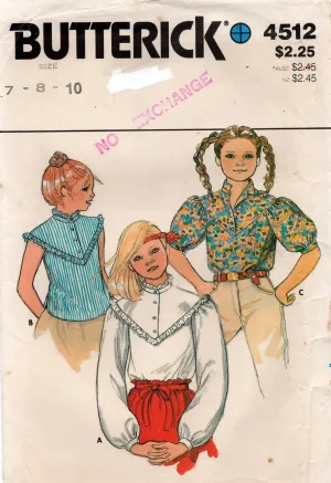 Butterick 4512 Girls Ruffled Puffy Sleeved Blouse 1980s Vintage Sewing Pattern Size 7 8 & 10 UNCUT Factory Folded
