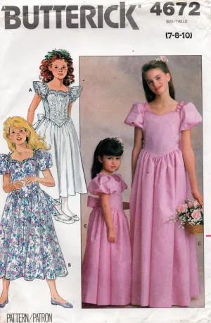 Butterick 4672 Girls Ruffled Puffy Sleeved Flower Girl Bridesmaids Dress 1980s Vintage Sewing Pattern Size 7 8 & 10 UNCUT Factory Folded