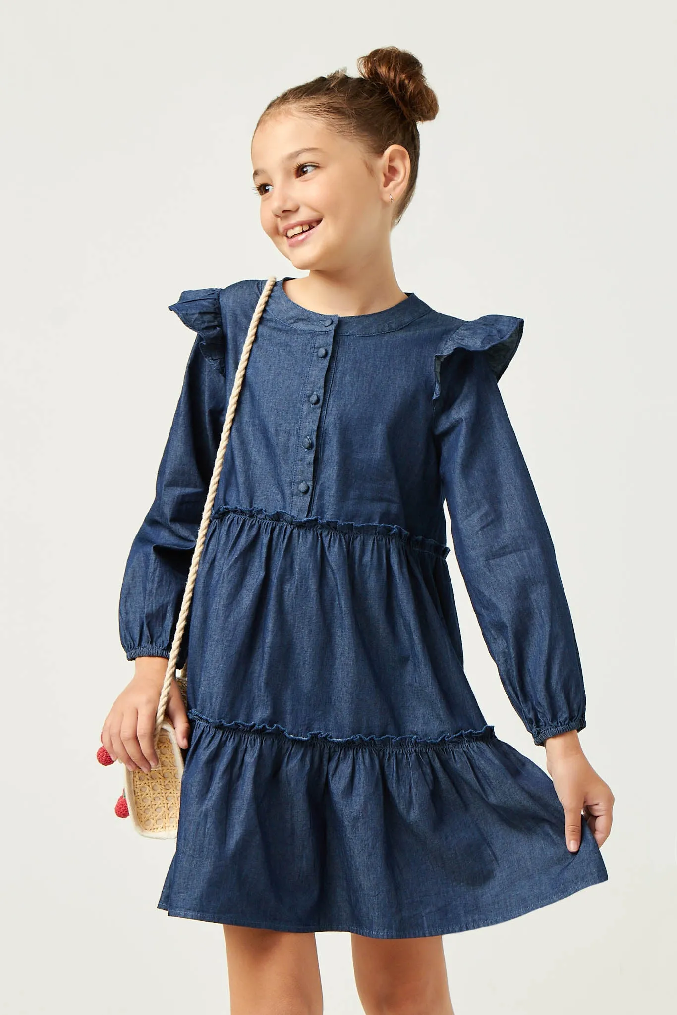 Button Up Ruffled Chambray Dress