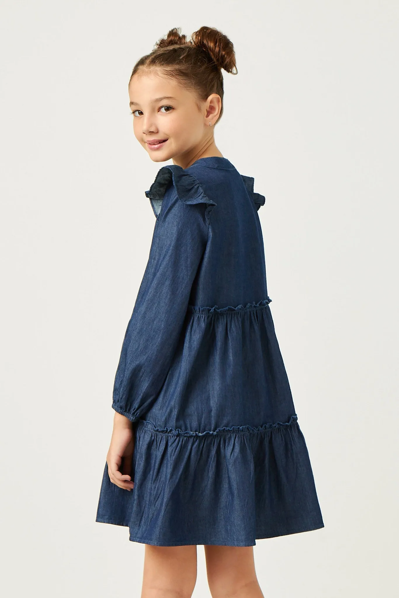 Button Up Ruffled Chambray Dress
