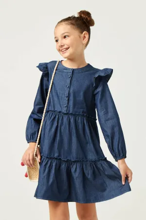 Button Up Ruffled Chambray Dress