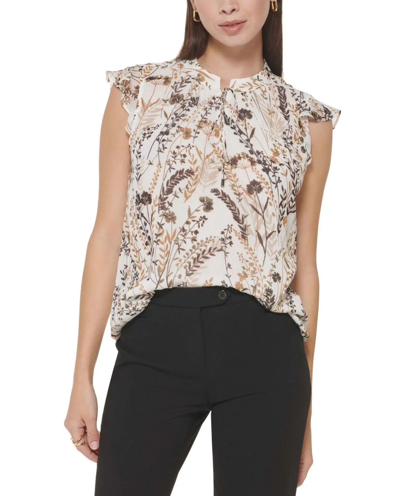 Calvin Klein Womens Petite Ruffle-Sleeve Printed Blouse T22TH57X