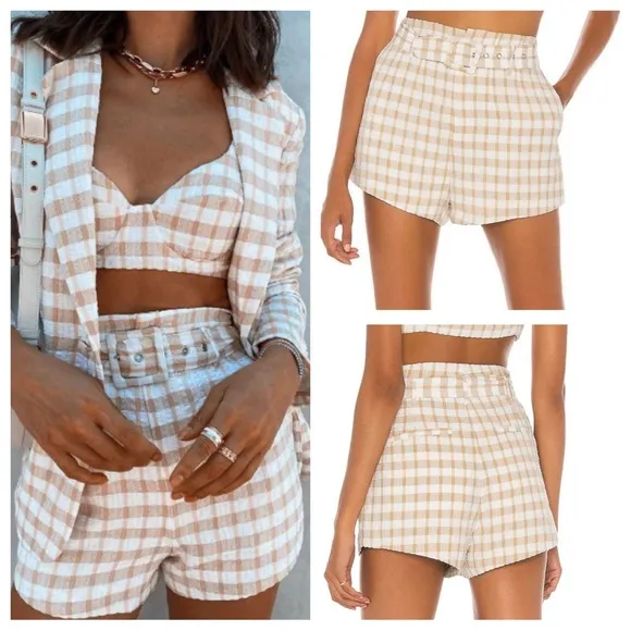 Camila Coelho Silvio Tan Check Shorts Size XS