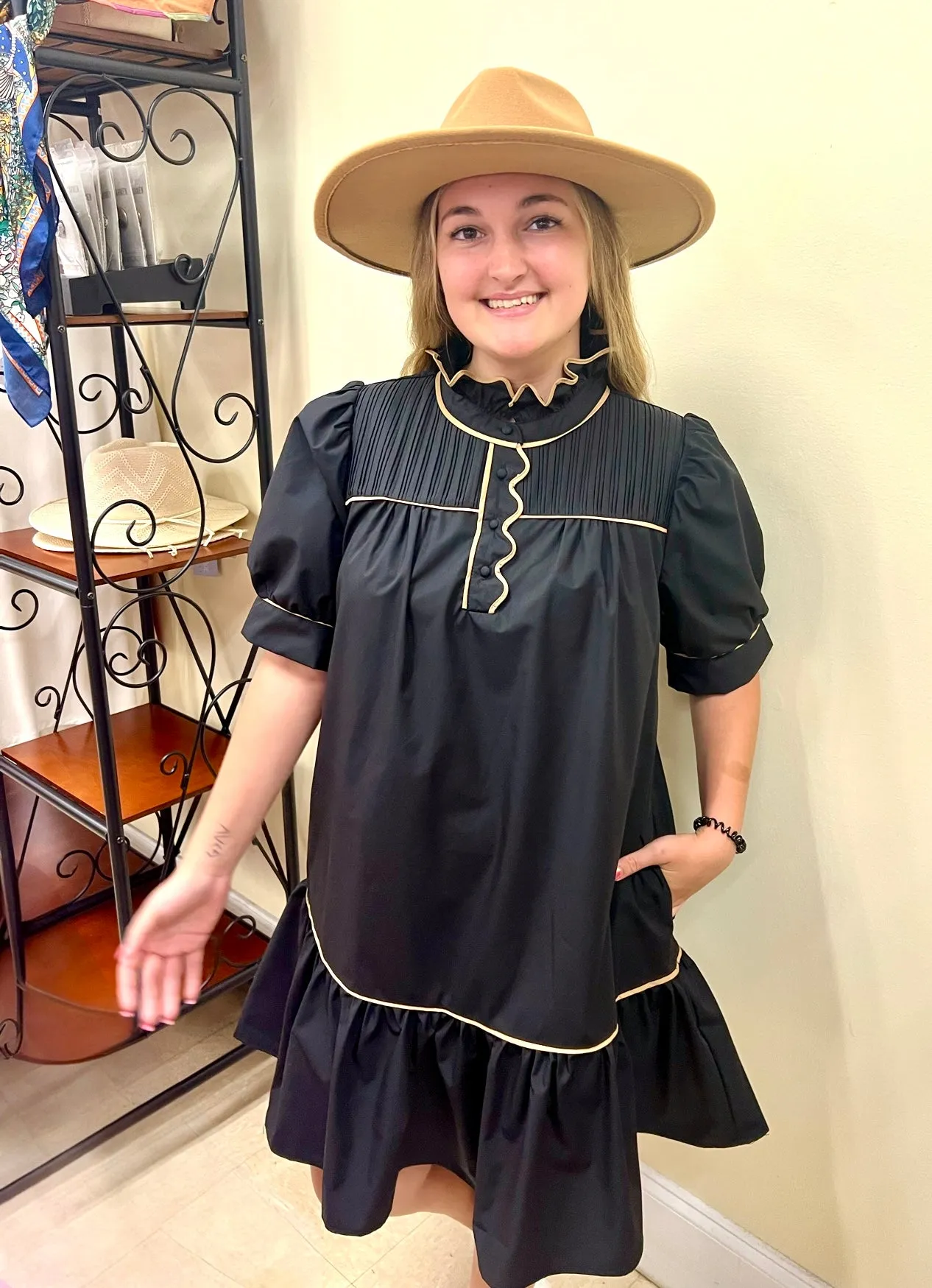 Carol Dress in Black/tan trim