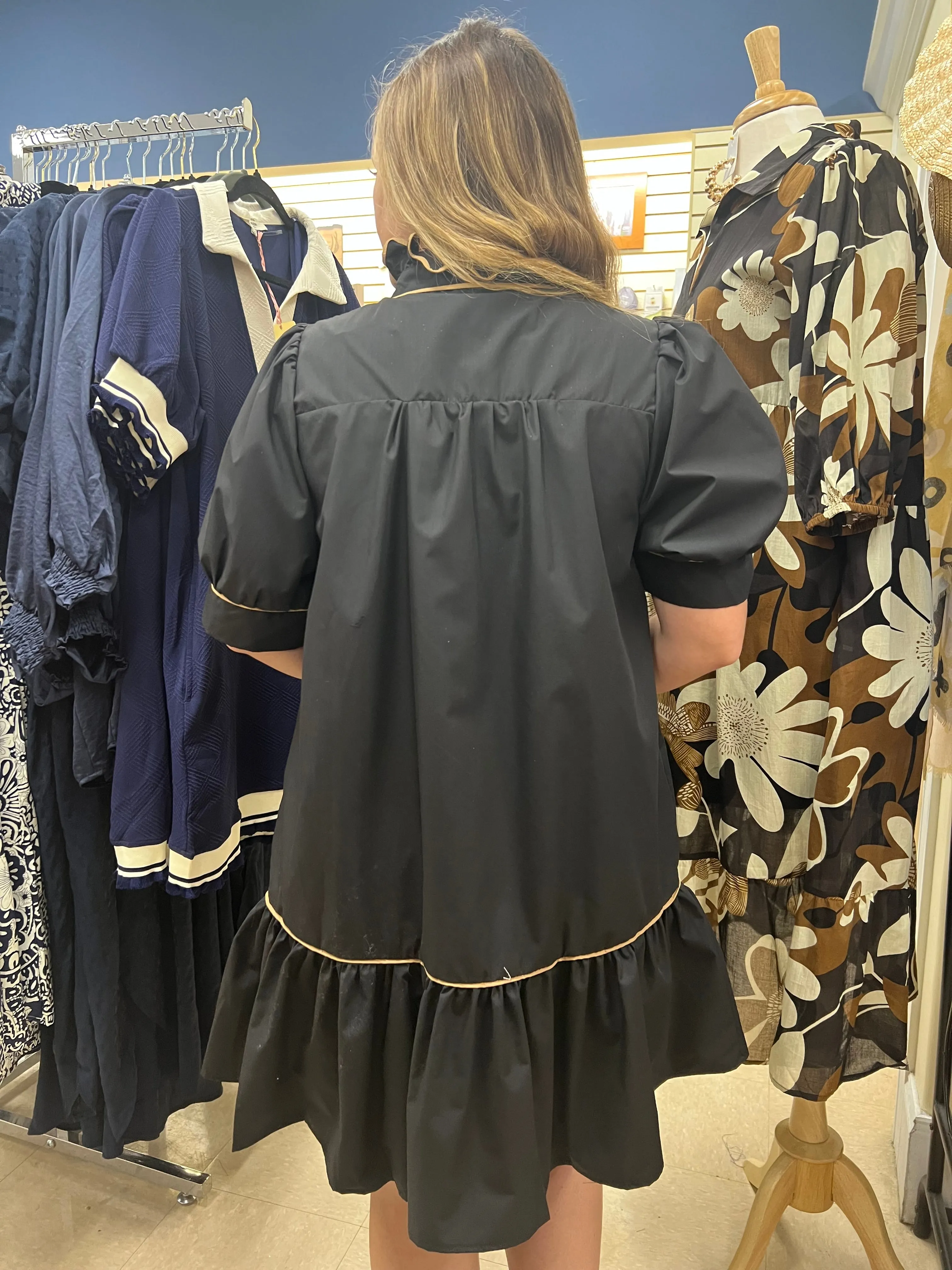 Carol Dress in Black/tan trim