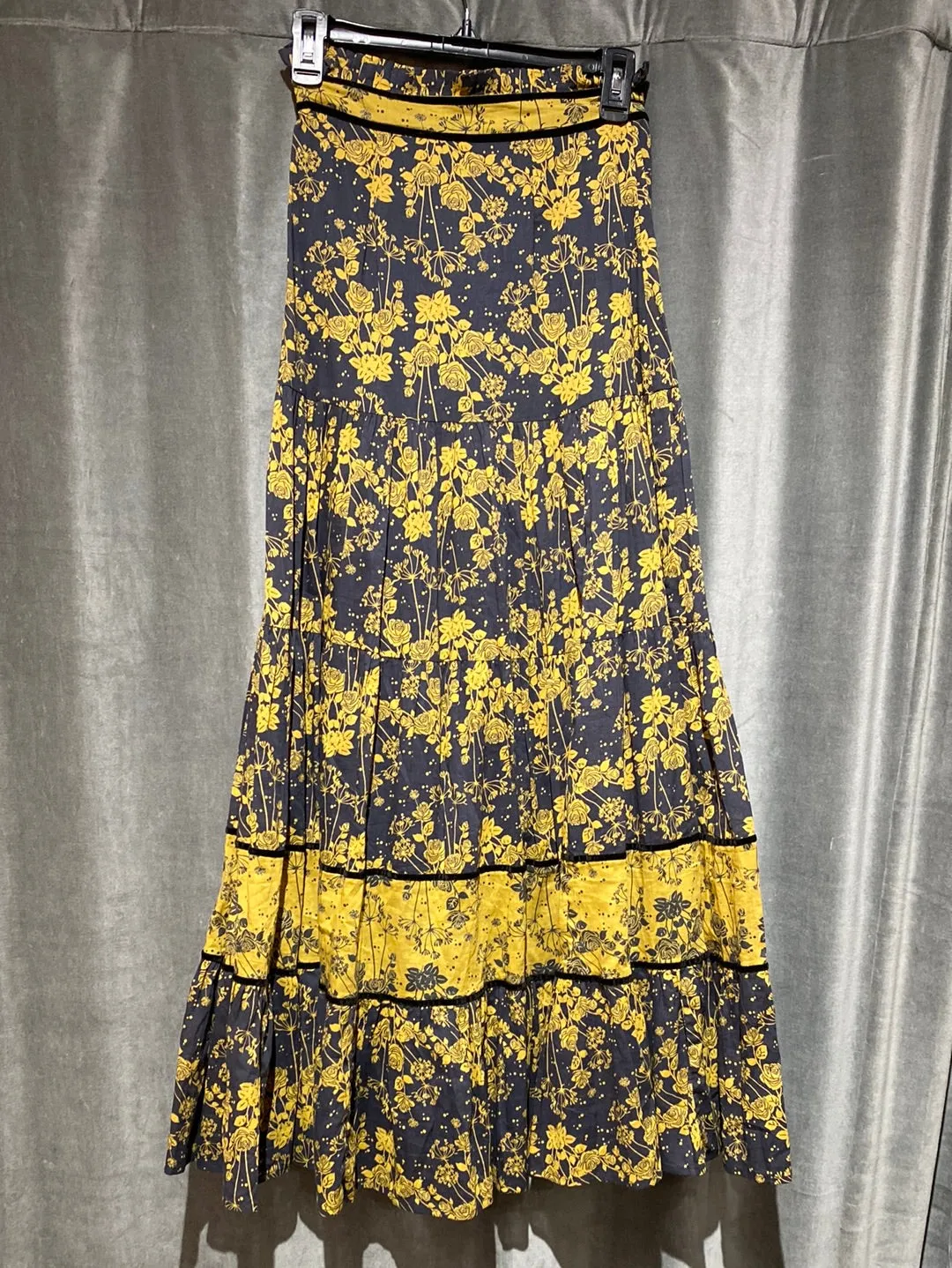Carolina K muted blue maxi skirt with Turmeric Roses