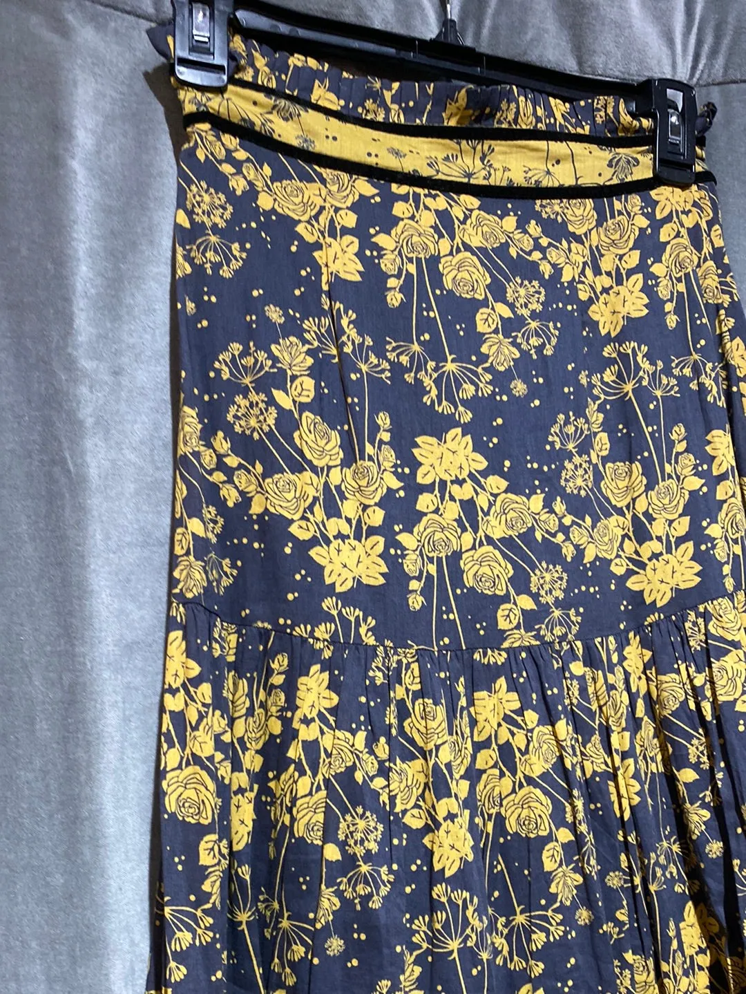 Carolina K muted blue maxi skirt with Turmeric Roses