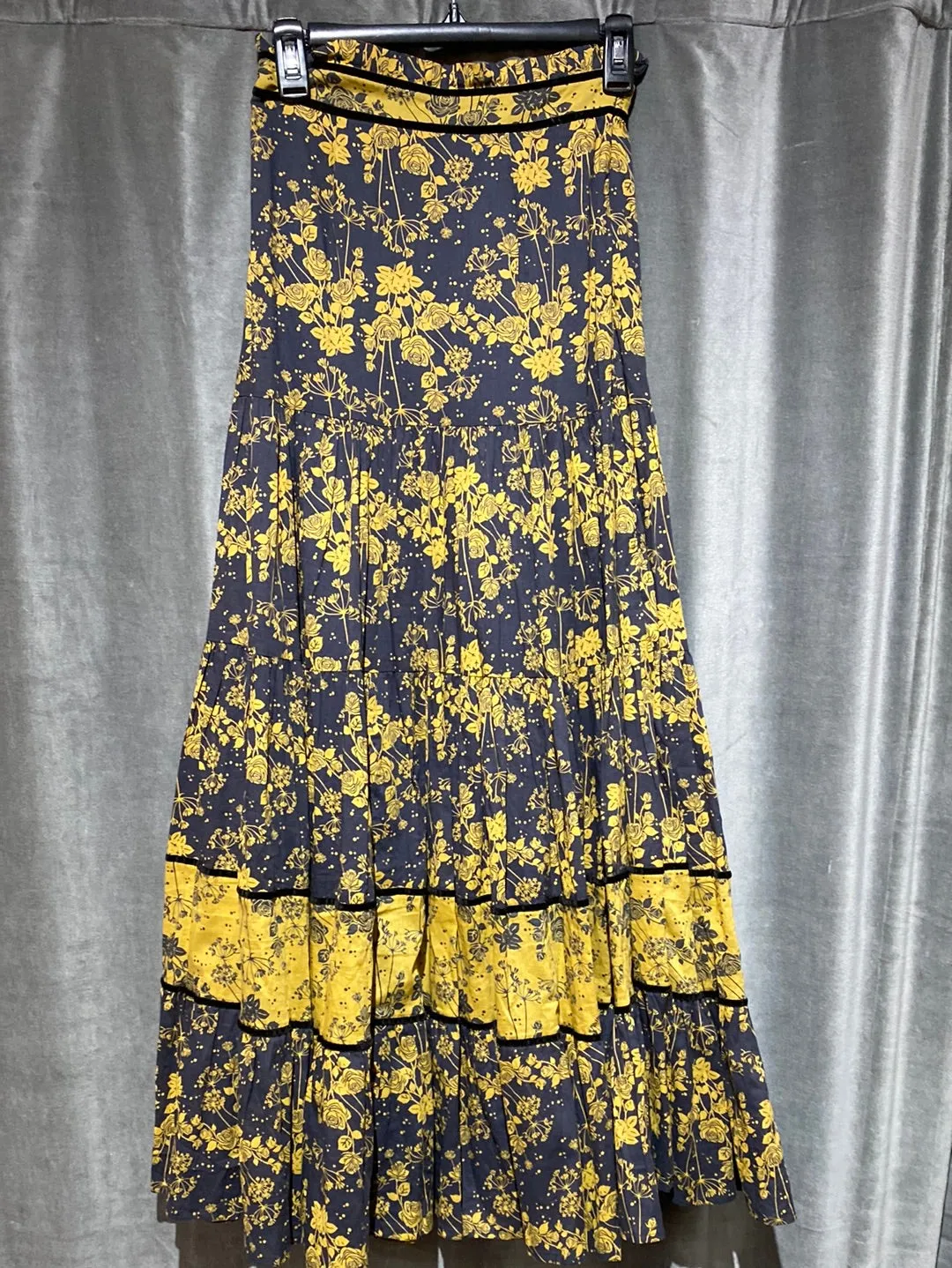 Carolina K muted blue maxi skirt with Turmeric Roses