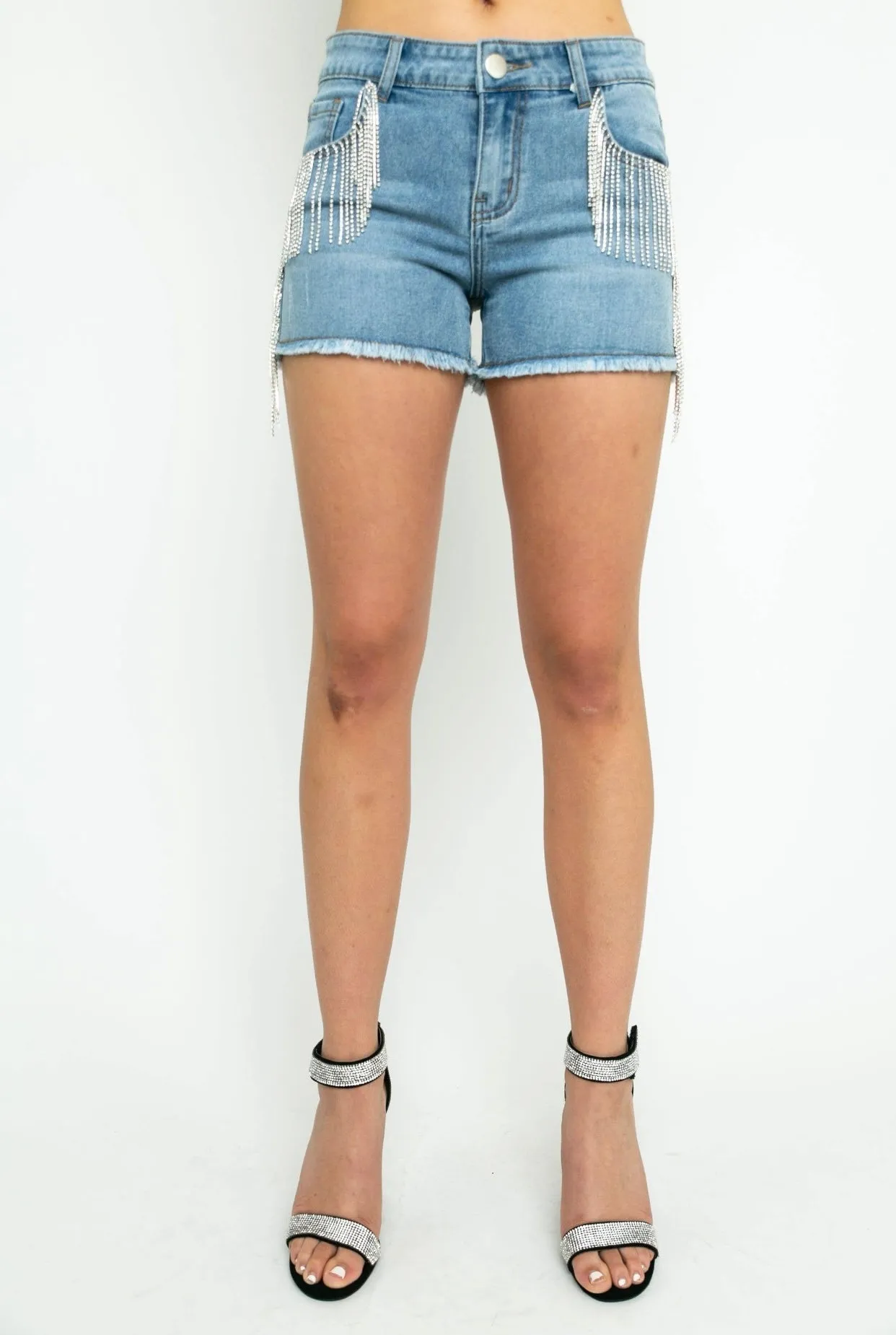 Carrie Rhinestone Fringe Denim Shorts