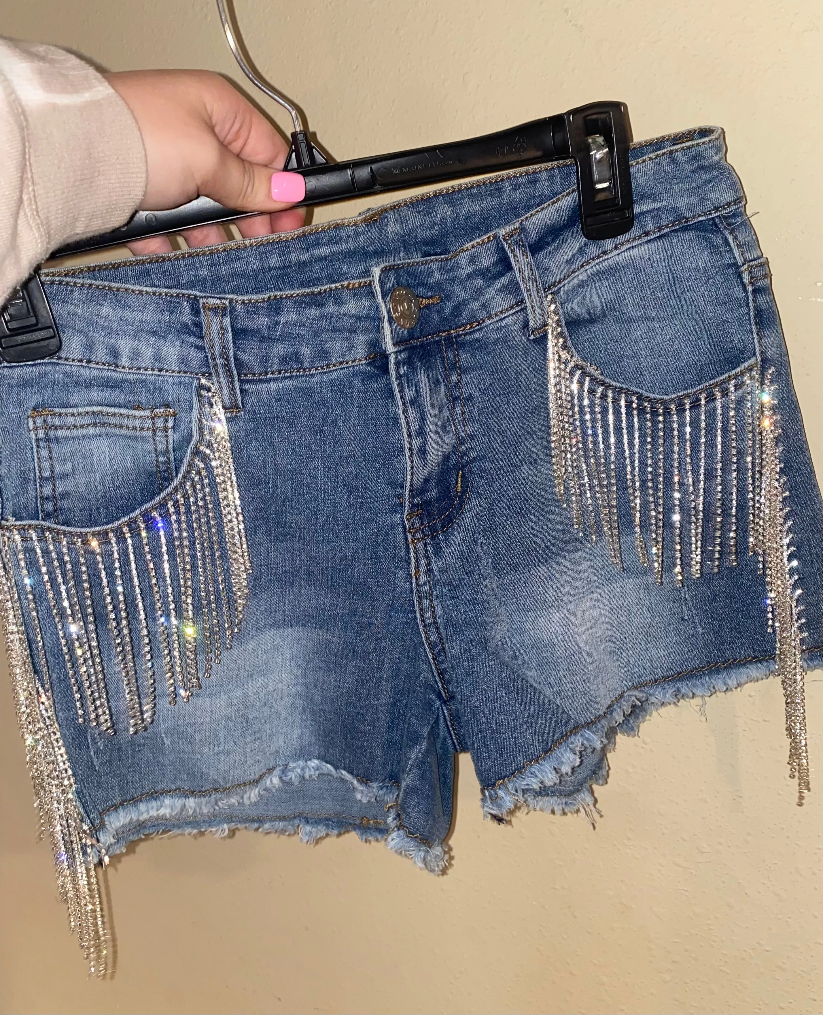 Carrie Rhinestone Fringe Denim Shorts