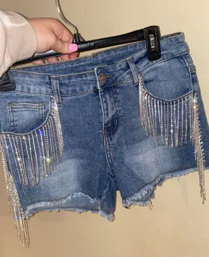 Carrie Rhinestone Fringe Denim Shorts