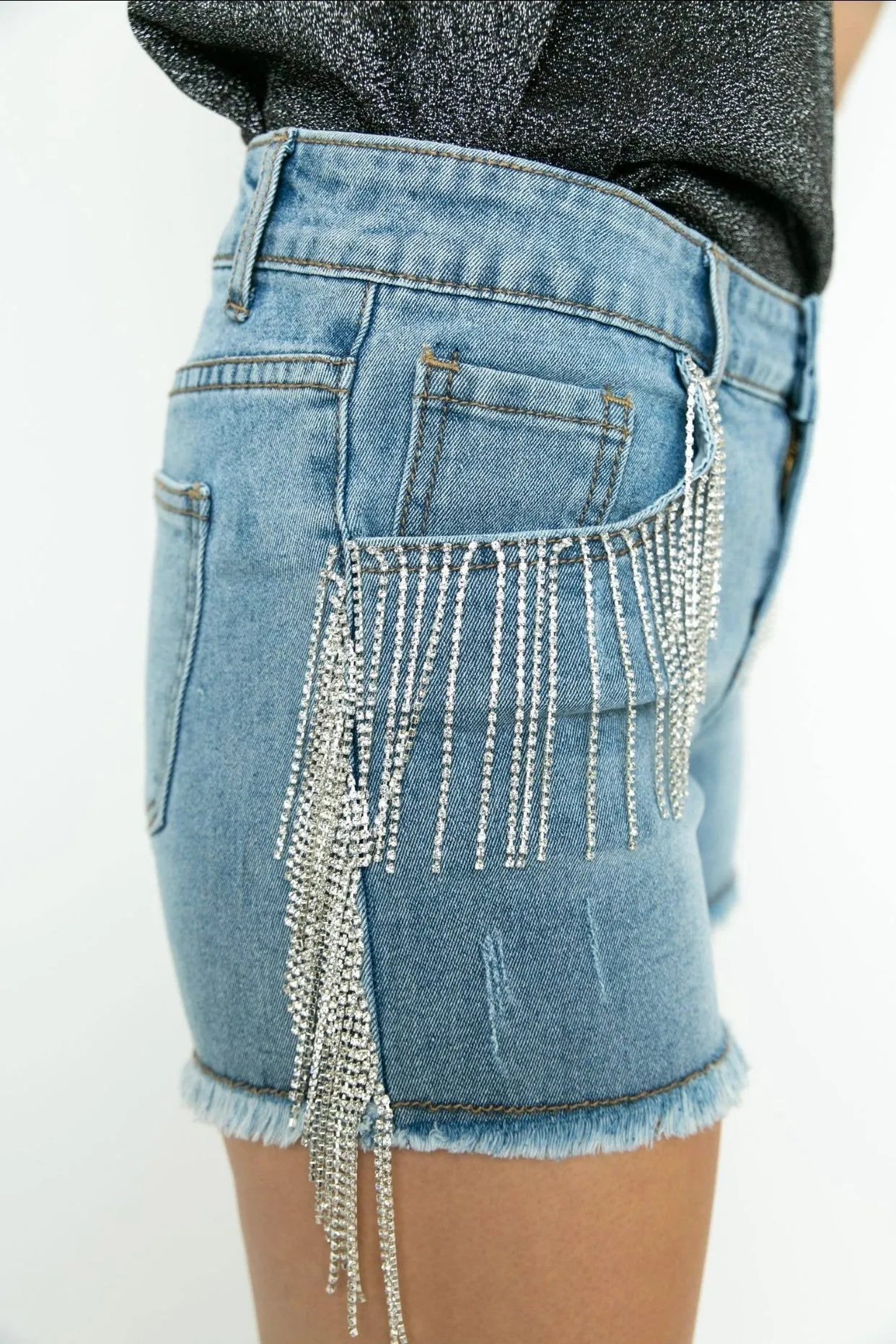 Carrie Rhinestone Fringe Denim Shorts