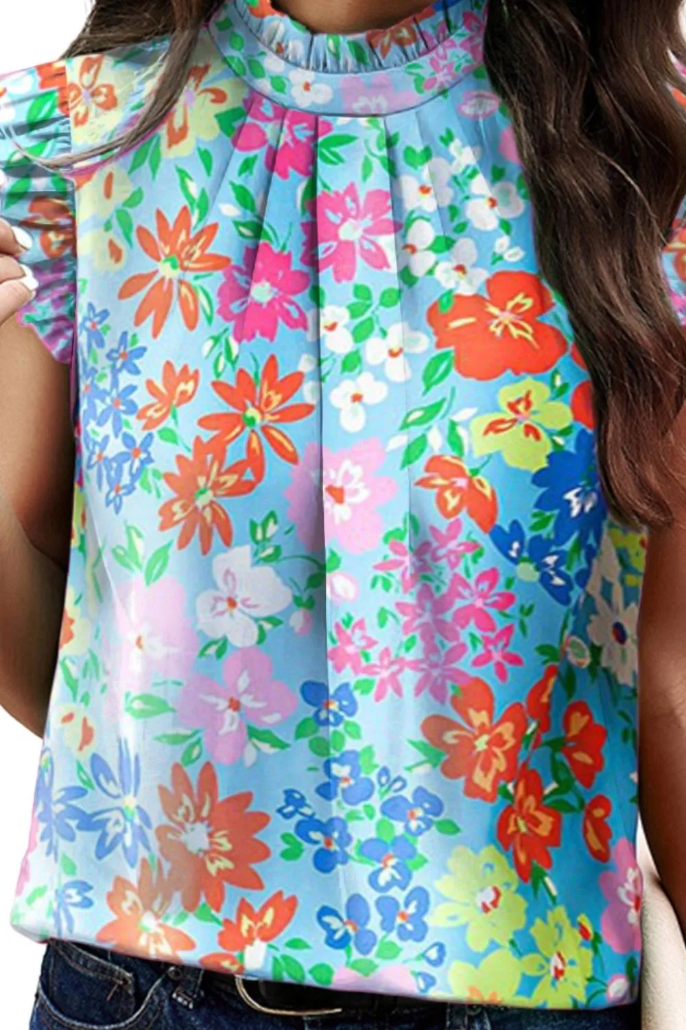 Carter Ruffled Printed Mock Neck Cap Sleeve Blouse