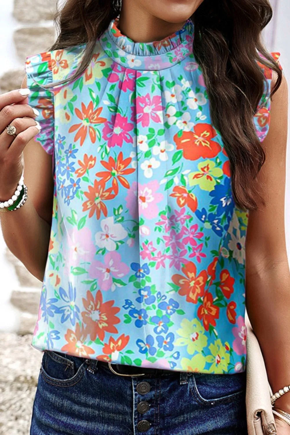 Carter Ruffled Printed Mock Neck Cap Sleeve Blouse