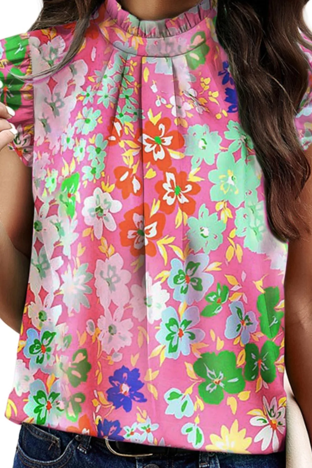 Carter Ruffled Printed Mock Neck Cap Sleeve Blouse