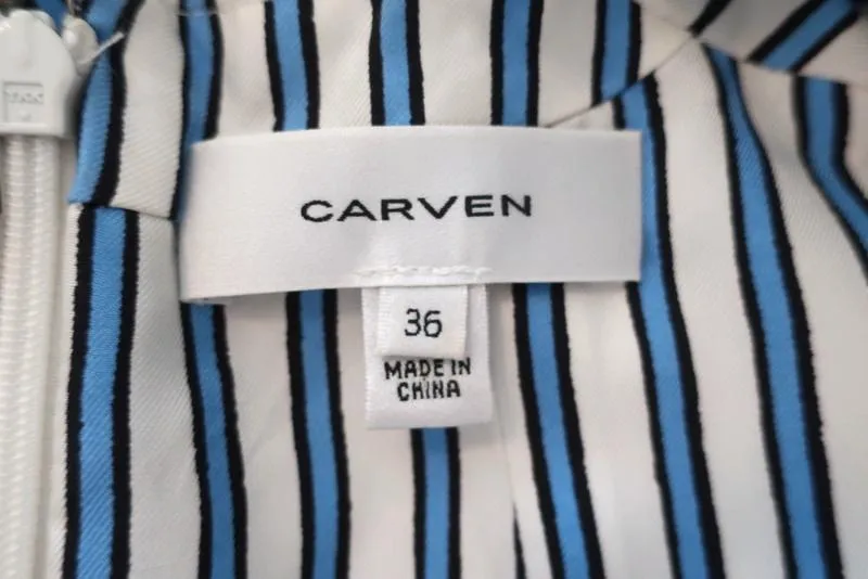 Carven Dress Blue/White Striped Silk Twill Size 36 Sleeveless Ruffled Faux-Wrap