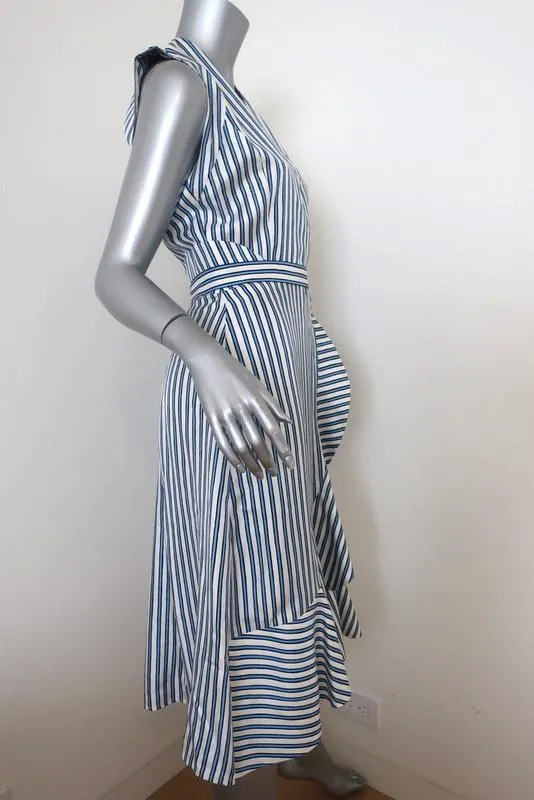 Carven Dress Blue/White Striped Silk Twill Size 36 Sleeveless Ruffled Faux-Wrap
