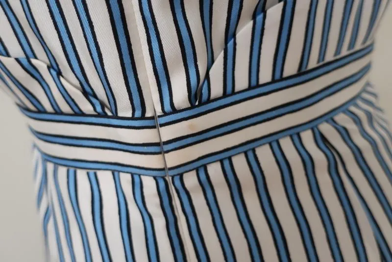 Carven Dress Blue/White Striped Silk Twill Size 36 Sleeveless Ruffled Faux-Wrap