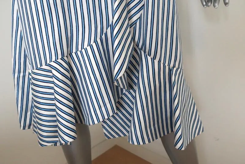 Carven Dress Blue/White Striped Silk Twill Size 36 Sleeveless Ruffled Faux-Wrap