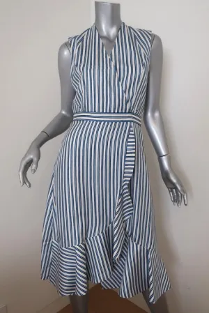 Carven Dress Blue/White Striped Silk Twill Size 36 Sleeveless Ruffled Faux-Wrap