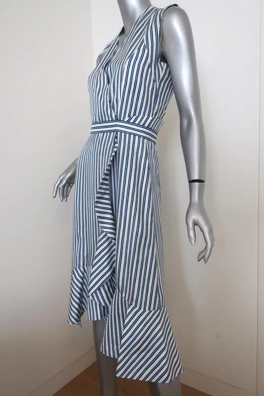 Carven Dress Blue/White Striped Silk Twill Size 36 Sleeveless Ruffled Faux-Wrap