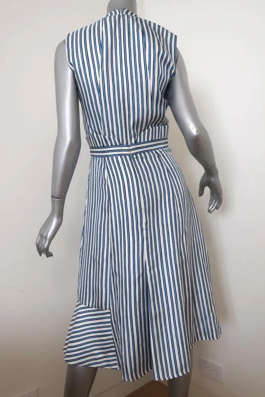 Carven Dress Blue/White Striped Silk Twill Size 36 Sleeveless Ruffled Faux-Wrap
