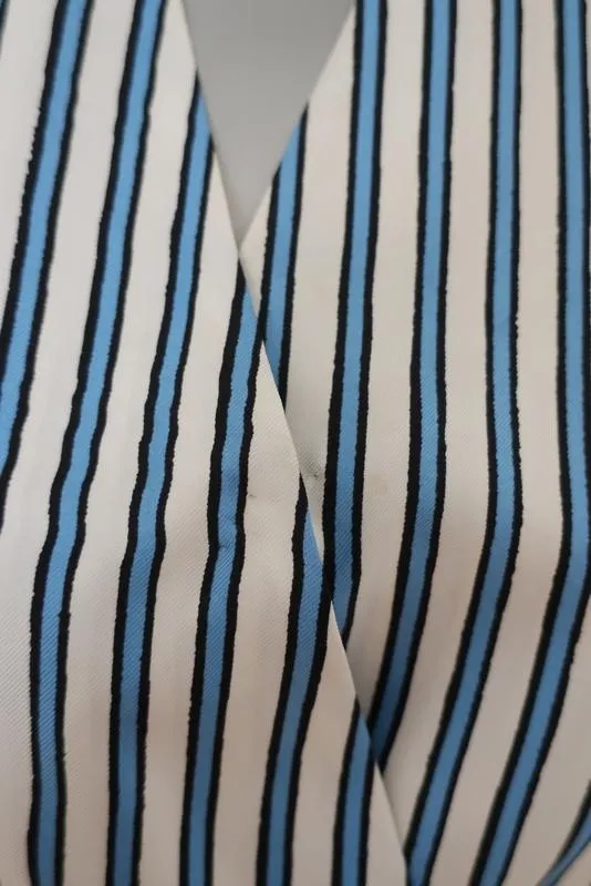 Carven Dress Blue/White Striped Silk Twill Size 36 Sleeveless Ruffled Faux-Wrap