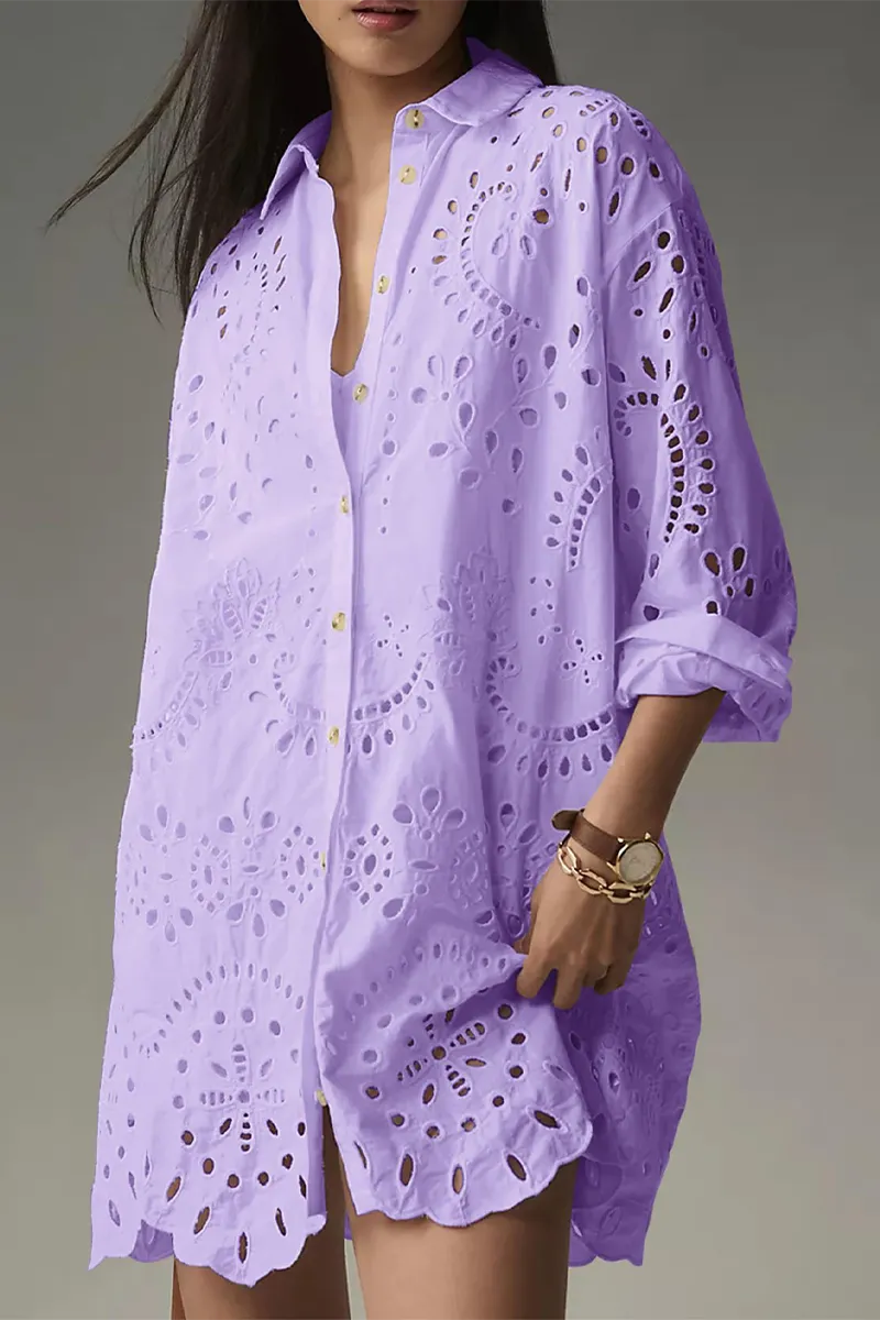 Casual Daily Solid Color Hollow Out Buckle Turndown Collar Blouses(4 Colors)