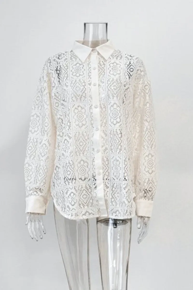 Casual Hollow Out See-Through Turndown Collar Blouses