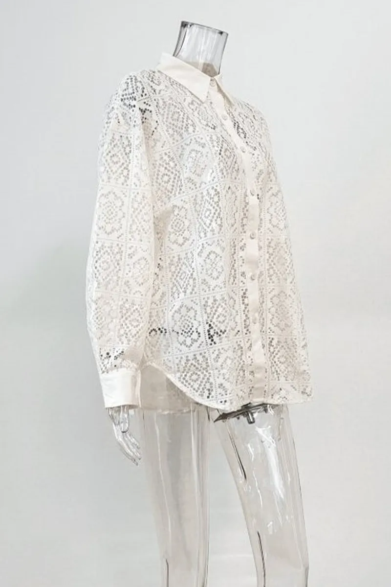 Casual Hollow Out See-Through Turndown Collar Blouses