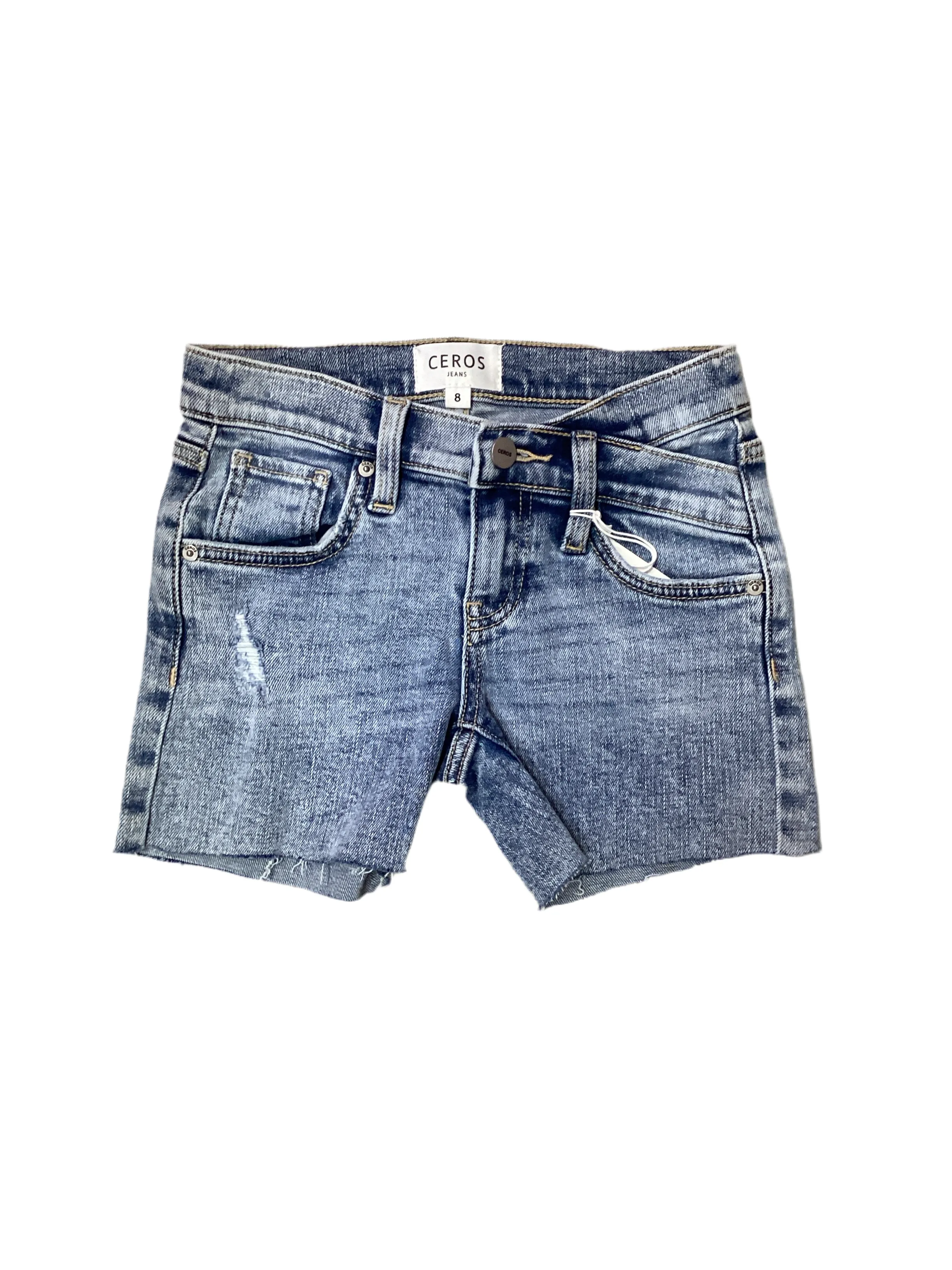 Ceros Tween Asymmetrical Waist Acid Denim Shorts..