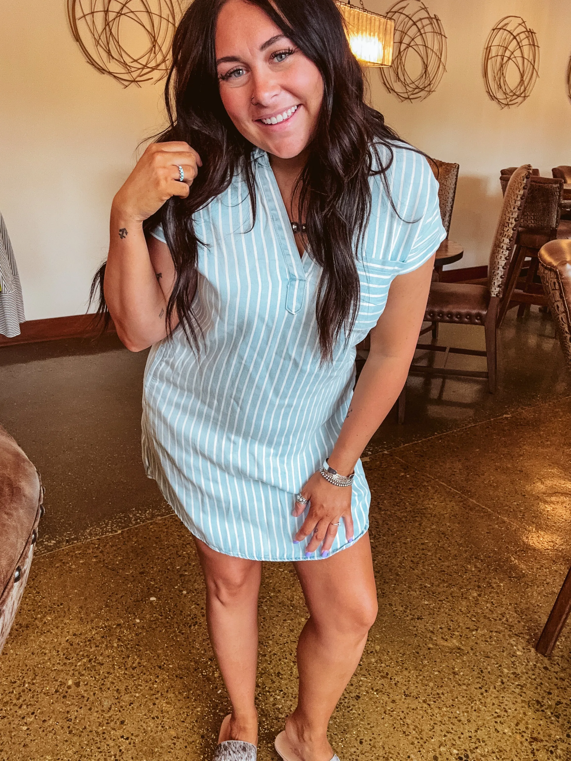 Chambray Multi Striped Collared Mini Dress