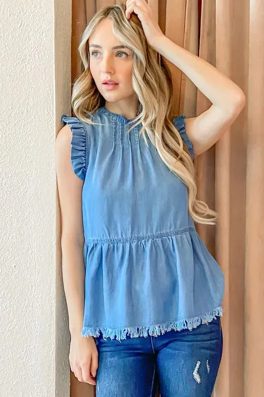 Chambray Ruffle Sleeveless Top For Women – Casual Elegant Denim-Look Blouse with Soft Feminine Detail for Any Occasion