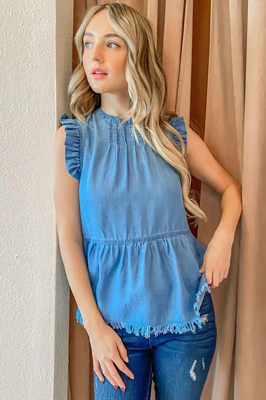 Chambray Ruffle Sleeveless Top For Women – Casual Elegant Denim-Look Blouse with Soft Feminine Detail for Any Occasion