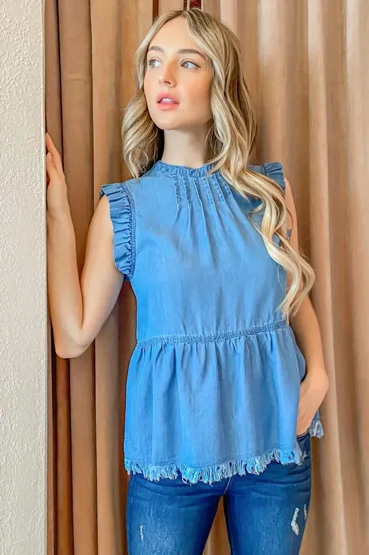 Chambray Ruffle Sleeveless Top For Women – Casual Elegant Denim-Look Blouse with Soft Feminine Detail for Any Occasion